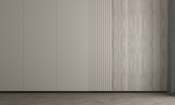 Interior design mock up of empty living room , wooden floor, plants, neutral room divider, decoration and elegant accessories, Modern home decor, decor wall, 3D rendering