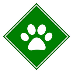 White paw print on a green rhomb sign icon symbol isolated