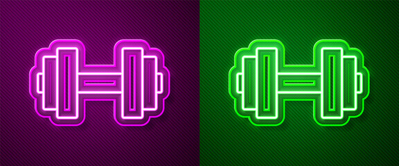 Glowing neon line Dumbbell icon isolated on purple and green background. Muscle lifting icon, fitness barbell, gym, sports equipment, exercise bumbbell. Vector.