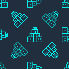 Green line Chichen Itza in Mayan icon isolated seamless pattern on blue background. Ancient Mayan pyramid. Famous monument of Mexico. Vector.