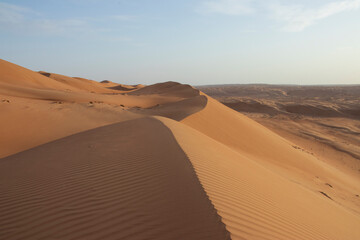 Fototapeta na wymiar Sands of the desert at wahiba, arabic landscape, sand dunes and forms at sunset