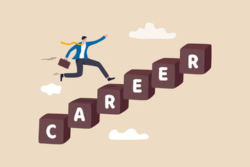 Career development, personal development or job promotion, work experience and responsibility growth concept, smart confident businessman running fast on career stairway rising up to achieve success.