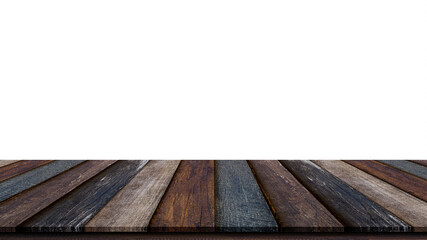 Empty brown wood table top isolated on white background. Template mock up for display of product