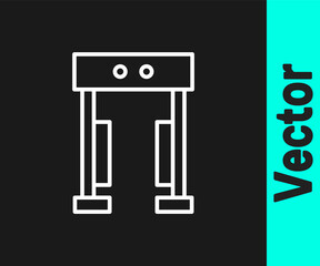 White line Metal detector icon isolated on black background. Airport security guard on metal detector check point. Vector.