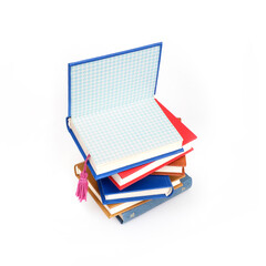 Stack of books in colour covers with white sheets isolated on a white background