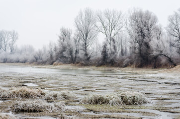 The first snow over the tributary of the Danube near the city of Novi Sad, Serbia
