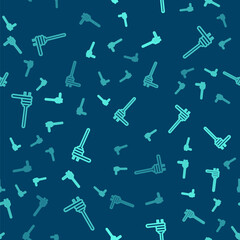 Green line Pasta spaghetti on the fork icon isolated seamless pattern on blue background. Italian restaurant. Vector.
