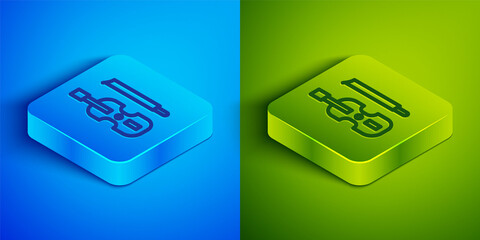 Isometric line Violin icon isolated on blue and green background. Musical instrument. Square button. Vector.