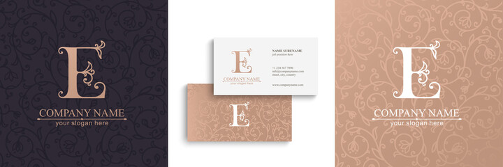 Premium Vector E logo. Monnogram, lettering and business cards. Delicate elegant floral pattern of roses . Personal logo or sign for branding an elite company. Vector design.