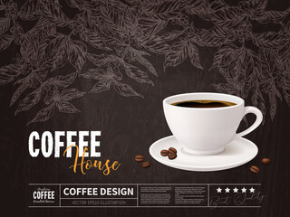 Coffee advertising concept with cup of beverage on chalkboard with drawing of coffee tree branches. Vector poster design with realistic mug and sketch hand drawn plant