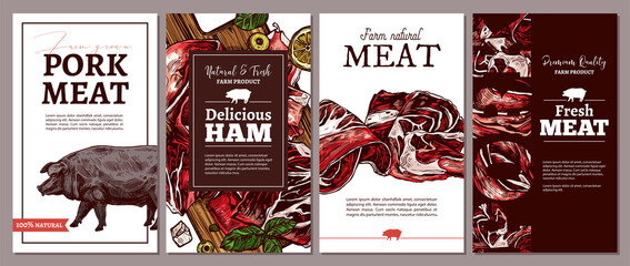 Collection of cards, posters, labels or tags for meat farm natural products. Templates with jamon, ham, fresh pork and pig. Trendy design with sketch illustrations