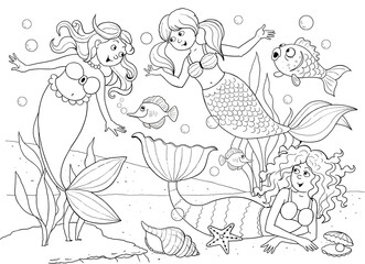 Fototapeta na wymiar The little mermaid. Fairy tale. Coloring page. Illustration for children. Cute and funny cartoon characters