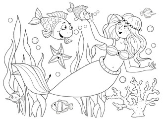 The little mermaid. Fairy tale. Coloring page. Illustration for children. Cute and funny cartoon characters