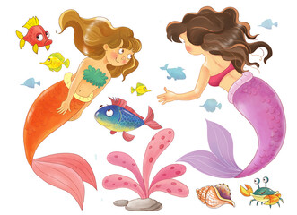 The little mermaid. Fairy tale. Coloring page. Illustration for children. Cute and funny cartoon characters