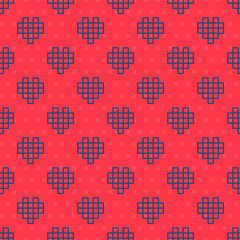 Blue line Pixel hearts for game icon isolated seamless pattern on red background. Vector.