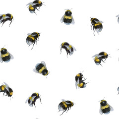 Seamless cartridges with bumblebees and bees on a white background. Insect pattern. Honey pattern. Design for your packaging, wallpaper, fabric and more