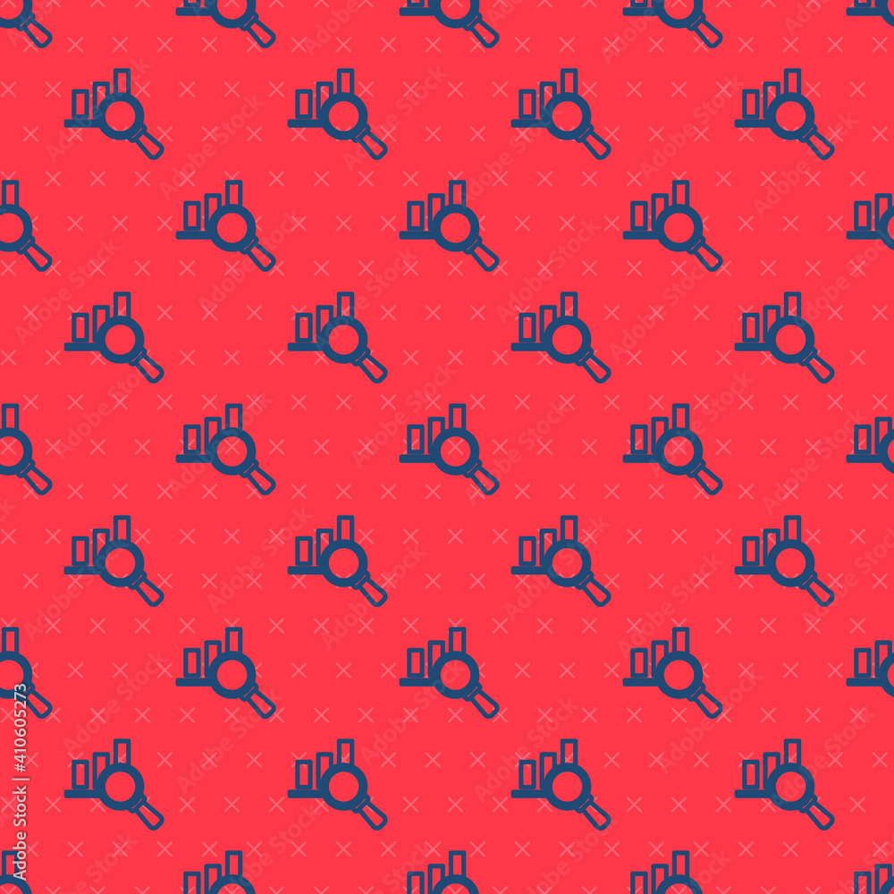 Aufkleber blue line magnifying glass and data analysis icon isolated seamless pattern on red background. vecto