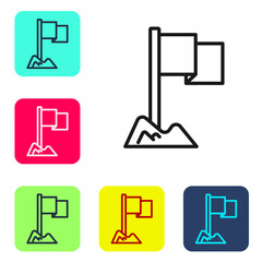 Black line Flag icon isolated on white background. Location marker symbol. Set icons in color square buttons. Vector.