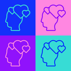 Pop art line Human head with heart icon isolated on color background. Love concept with human head. Vector.