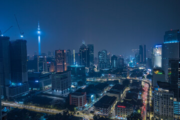 The illuminated skyline of Kuala Lumpur in Malaysia at night