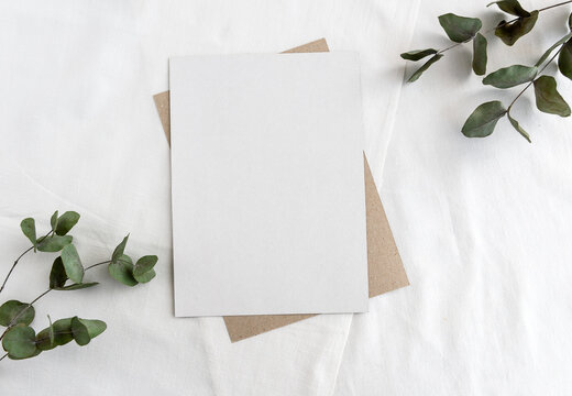 Fashionable stock stationery background - white card for lettering and sprigs of eucalyptus on a white table. Wedding feminine background.