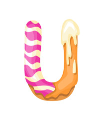 Cartoon cookies font. letter baking in colored glaze. Creative gingerbread typography design. Childhood sweet donut. Letter U