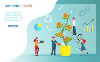 Businessman team shower, inspect and record gold coins tree. Idea for business growth market, team work and company financial profitability.