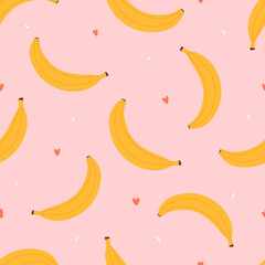 Obraz na płótnie Canvas Banana seamless pattern for textile, wrapping paper, fabric. Modern kids pink background with fruits. Pink girly wallpaper.