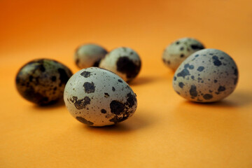 six raw little quail eggs lie on an orange background side view