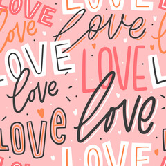 Love lettering seamless pattern for textile, wrapping paper, wallpaper. Modern typographic hand drawn background. - 410606690