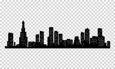 Obraz premium City silhouette. Modern urban landscape. Cityscape buildings silhouette on transparent background. City skyline with windows in a flat style
