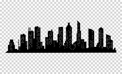 Fototapeta premium City silhouette. Modern urban landscape. Cityscape buildings silhouette on transparent background. City skyline with windows in a flat style