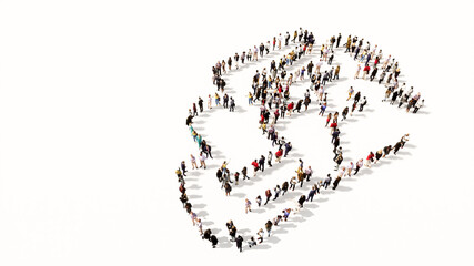 Concept or conceptual large community of people forming the image of a formula one car on white background. A 3d illustration metaphor for motorsport, competition, race, speed and power