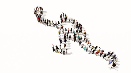 Concept or conceptual large community of people as the image of a tennis player on white background.  A 3d illustration metaphor for sport, competition, training,  relaxation, family and fun