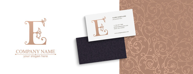 Premium Vector E logo. Monnogram, lettering and business cards. Delicate elegant floral pattern of roses . Personal logo or sign for branding an elite company. Vector design.
