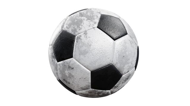 360-degree seamless looping roll 3D animation of the realistic grungy textured soccer ball rendered in UHD, alpha matte is included