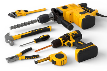 Set of construction tools for repair and installation on white background