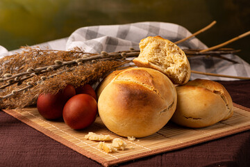 Baking and colored eggs. Orthodox world. The bright holiday of Easter.