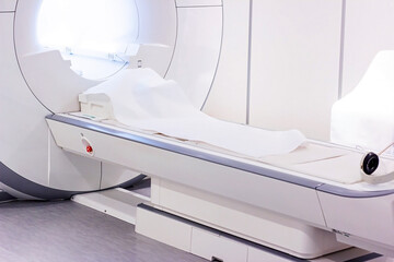 Magnetic resonance imaging (MRI) scanner facade in the hospital room. Medical CT scan system...