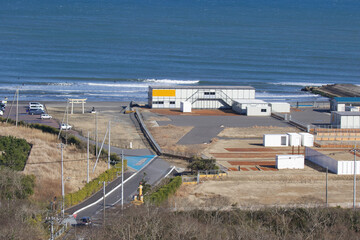 Tokyo 2020 Games Surfing Venue, at Tsurigasaki Beach in Ichinomiya town on Chiba Prefecture's Pacific coastline. The venue is currently incomplete due to the Covid Pandemic. Under Construction