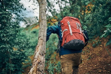 Hiker climbing the hill in a nature.