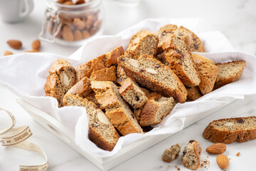 Homemade gluten free biscotti or cantuccini made of buckwheat flour with almonds and chocolate chips