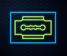 Glowing neon line Blade razor icon isolated on brick wall background. Vector.