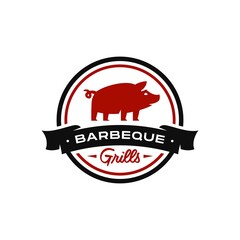 Vintage Retro pork pig BBQ Grill badge, Barbecue party , Barbeque Label Stamp Logo design vector invitation , with fire flame design