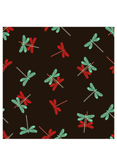  Seamless pattern with dragonflies. Black and white vector pattern. Hand drawn. Pattern for card, invitation, wrapping paper, textile fabric 