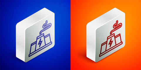 Isometric line Power station plant and factory icon isolated on blue and orange background. Energy industrial concept. Silver square button. Vector.