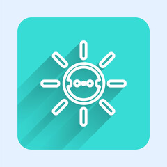 White line Solar energy panel icon isolated with long shadow. Sun with lightning symbol. Green square button. Vector.