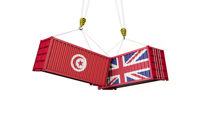UK and tunisia business trade deal. Clashing cargo containers. 3D Render