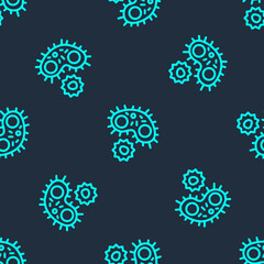 Green line Virus icon isolated seamless pattern on blue background. Corona virus 2019-nCoV. Bacteria and germs, cell cancer, microbe, fungi. Vector.