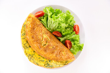 omelet with lettuce on plate isolated on white background